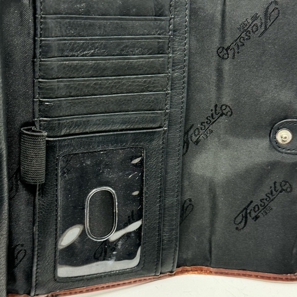 Fossil Black Leather Trifold Wallet Cards Checkbook Brown Trim Vintage - Picture 8 of 10